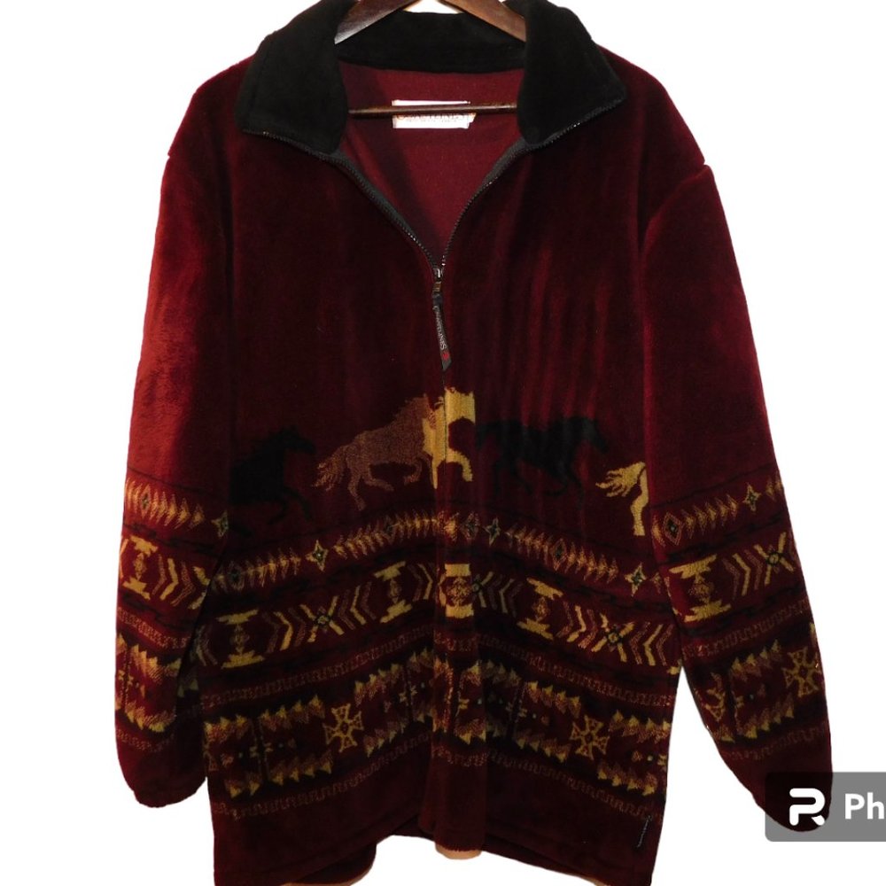 Coastlines Fashion For Canada Zip Up Jacket Size Large Soft Fuzzy & Cozy Horses
